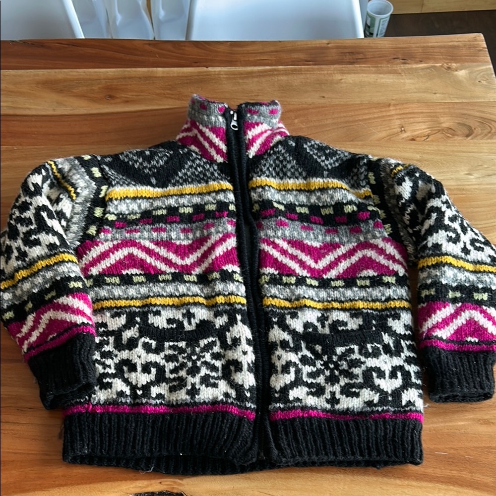 Sharanel 100% wool zip up multicoloured jacket with a thick fleece lining sz sm